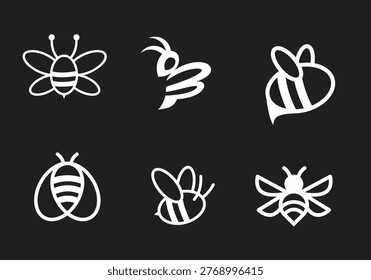 This collection features six distinct bee icons, each rendered in a minimalist white outline or solid shape against a dark background, showcasing various abstract and simplistic interpretations of the insect. Ideal for branding, nature-themed designs, logos, educational materials, or any project requiring clean and modern insect imagery.