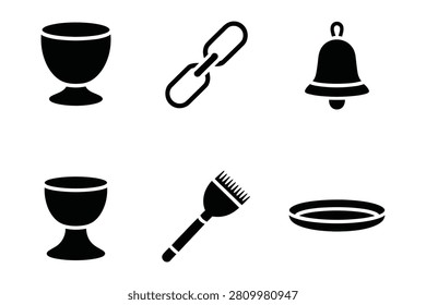 This collection features six distinct high contrast black vector icons displayed on a plain white background. The set includes two stylized goblets a linked chain symbol an alert bell for notifications a professional hair dye brush and a flat serving plate.