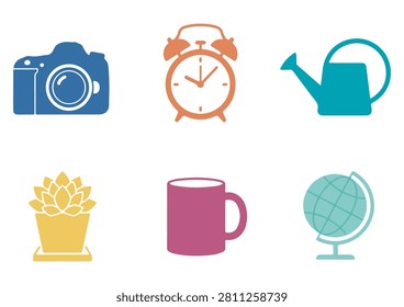 This collection features six diverse lifestyle and hobby icons, each designed in a clean, flat, and professional style. The set includes a camera, alarm clock, watering can, potted succulent, coffee mug, and a globe. These versatile graphics are perfect for blog illustrations, social media content, lifestyle apps, educational projects, or any creative design work requiring simple, colorful, and recognizable symbols for everyday items and activities.

#LifestyleIcons #HobbyGraphics #VectorSet #FlatDesign #MinimalistIcons #EverydayItems #CreativeAssets #DigitalDesign #IconCollection #GraphicDesignElements