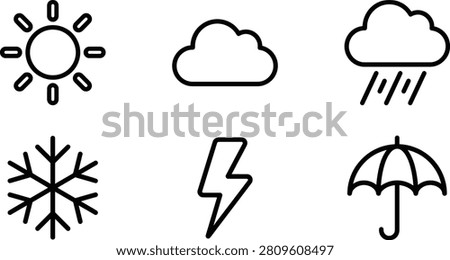 This collection features six line-style icons representing various weather conditions: sun, cloud, rain, snow, lightning, and an umbrella, all on a transparent background.