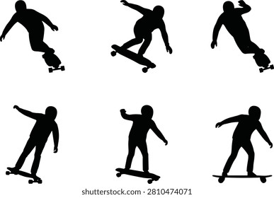 This collection features six minimalist silhouettes of skaters on longboards in various dynamic and balancing positions. These versatile graphics are perfect for extreme sports posters, apparel design, and urban lifestyle marketing materials.
