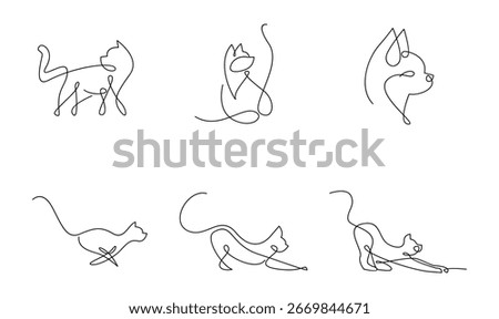 This collection features six minimalist continuous line cat drawings, showcasing felines in various graceful and playful poses, rendered in a sleek black one-line art style.