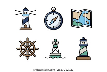 This collection features six nautical icons including lighthouses, a compass, and a map, ideal for coastal travel and marine navigation designs.