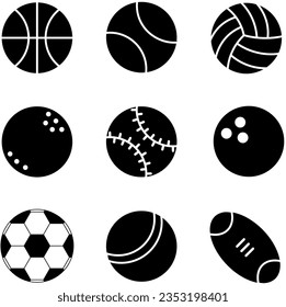 This collection features sports equipment icons, including basketballs, soccer, tennis balls, golf, rugby, tennis and more.