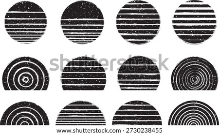 This collection features twelve unique, high-contrast black and white graphic elements showcasing a distressed grunge texture. The shapes predominantly include full circles and semicircles, both filled with bold horizontal stripes or intricate concentric spiral patterns. These abstract designs are ideal for creating dynamic visual interest, adding a vintage or retro aesthetic to various projects, and serving as unique icons or background motifs. The striking black-on-white contrast ensures strong visibility across digital and print media applications. This set provides versatile artistic assets for contemporary design needs.