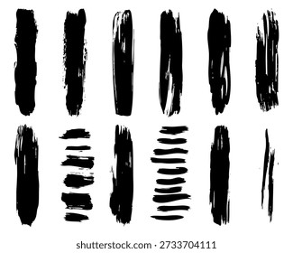 This collection features a variety of black grunge brush strokes in a vector format. Each stroke showcases different textures and styles, making them ideal for artistic and design projects. The brushes vary in thickness and shape, allowing for versatility in use, from background designs to detailed illustrations. This unique assortment provides a creative way to add depth and style to any project, perfect for digital artists and graphic designers