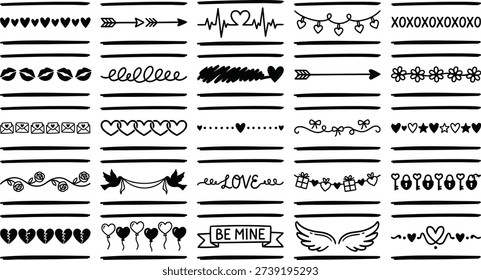This collection features a variety of black and white vector illustrations and designs perfect for Valentine's Day. The set includes hearts, arrows, wings, and romantic phrases, ideal for creating printable crafts, greeting cards, and decorative projects. The designs are versatile and can be used for festive and holiday celebrations, expressing love, affection, and romance. The vector format allows for easy customization and scalability for various applications.