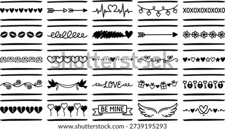 This collection features a variety of black and white vector illustrations and designs perfect for Valentine's Day. The set includes hearts, arrows, wings, and romantic phrases, ideal for creating printable crafts, greeting cards, and decorative projects. The designs are versatile and can be used for festive and holiday celebrations, expressing love, affection, and romance. The vector format allows for easy customization and scalability for various applications.