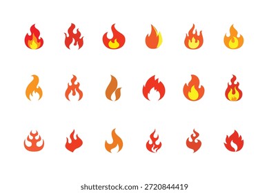 This collection features a variety of fire icons and flame logos designed in a clean, modern, and versatile style. The set includes different fire symbols, burning flames, heat icons, and flame logo concepts suitable for multiple creative. These fire icons represent energy, power, warmth, danger, passion, and ignition, making them ideal for branding, safety signs, emergency services, industrial projects, and digital applications.

Hot temperature comic dangerous flame fires. Cartoon fire flames. Red campfire fiery flat silhouette set. Burning blazing wildfire, glow bonfire emoticon stickers isolated on black background. Creative Flames Fireball Collection Logo Vector Icons Symbol Design Illustration and Burning symbol. 

Perfect for use in web design, mobile apps, UI and UX interfaces, logos, stickers, infographics, presentations, marketing materials, posters, banners, and social media graphics. These flame  and heat logos can be used for industries such as firefighting, safety awareness, gas and fuel services, heating systems, energy production, camping, survival, cooking, restaurants, fitness, and motivational designs.

These symbols are suitable for both light and dark backgrounds and work well in flat, outline, filled, or minimal styles depending on design needs. Ideal for designers, developers, startups, and businesses looking for symbols to represent heat, risk, alert, innovation, or strong performance. A professional red and orange set perfect for commercial branding, digital media, print projects, and creative illustrations.