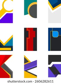 This collection features a variety of flyer designs with striking geometric shapes, layered color blocks, and minimalist abstract layouts in portrait orientation