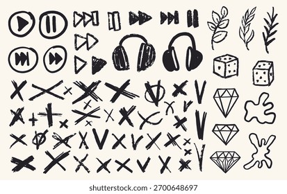 This collection features a variety of grunge marker textures including arrows headphones dice and floral designs. Each element adds unique character to creative projects.