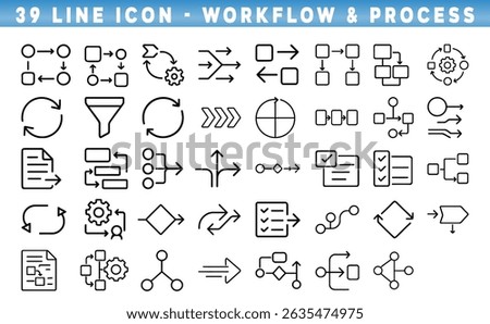 This collection features a variety of line icons that represent workflow and process concepts.