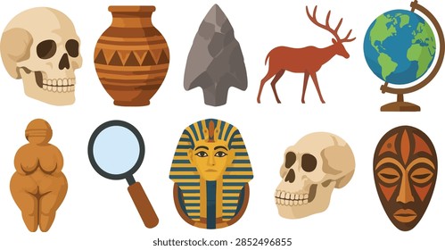 This collection features various archeological and anthropological items isolated on a plain field. Included elements are an ancient human skull, a clay vase, a sharp stone tool, a deer silhouette, and a global model. Researchers also explore with a magnifying glass while studying an ornate golden mask, a primitive hominid cranium, and a traditional tribal face carving.