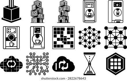 This collection features various automated machines and network structures rendered in a dark two-tone style. Notable elements include stacked cube formations and interconnected node arrangements.