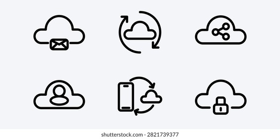 This collection features various cloud computing line icons representing essential services. It includes symbols for cloud mail, data synchronization, sharing, user profiles, mobile access, and.