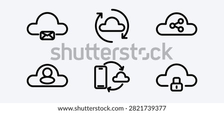 This collection features various cloud computing line icons representing essential services. It includes symbols for cloud mail, data synchronization, sharing, user profiles, mobile access, and.