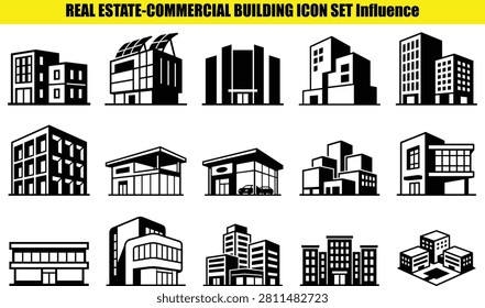 This collection features various commercial building shapes each with distinct architectural details. The forms are rendered in a two-tone style emphasizing building outlines and exterior features. The structures represent a range of building types.