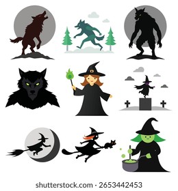 Esta coleção apresenta várias ilustrações com tema de Halloween, incluindo lobisomens uivando na lua, um lobisomem em uma floresta e várias bruxas com vassouras, gatos e caldeirões.