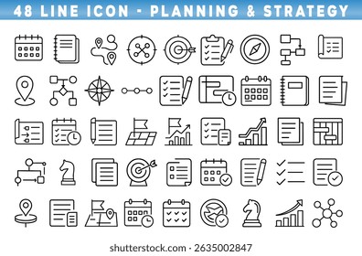This collection features various line icons related to planning and strategy.