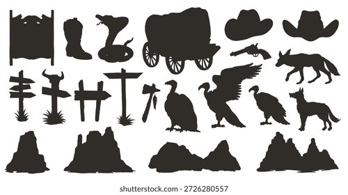 Esta coleção apresenta várias silhuetas com temas ocidentais, incluindo animais de cowboys cactos e vagões adequados para projetos de arte ou eventos temáticos.