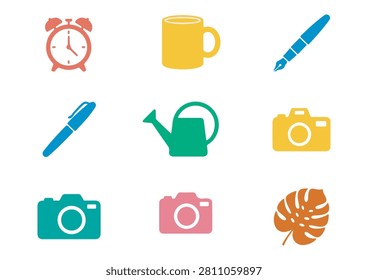 This collection features a versatile set of lifestyle and hobby icons, designed in a clean, flat style. The set includes an alarm clock, a coffee mug, a fountain pen, a standard pen, a watering can, cameras, and a tropical leaf. These vibrant graphics are perfect for enhancing lifestyle blogs, creative portfolios, productivity apps, or home and garden websites.

#LifestyleIcons #HobbyGraphics #VectorSet #CreativeDesign #AlarmClockIcon #CoffeeMug #StationeryIcons #GardeningTools #CameraIcons #FlatDesignElements