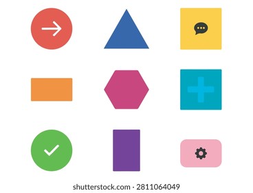 This collection features a versatile set of colorful geometric and functional UI icons, designed in a clean, flat style. The set includes various shapes like circles, triangles, squares, and rectangles, paired with functional symbols such as an arrow, a chat bubble, a plus sign, a checkmark, and a gear icon. These modern graphics are perfect for design, app interfaces, web navigation, or any creative project requiring simple and recognizable functional elements.

#UIIcons #GeometricShapes #VectorGraphics #FlatDesign #FunctionalIcons #ModernUI #AppDesign #MinimalistSymbols #WebDesignAssets #CreativeIcons