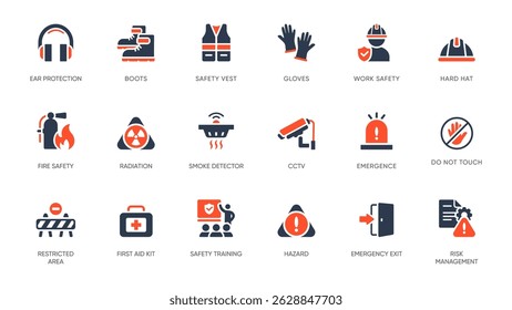 This collection features versatile vector icons highlighting key workplace safety elements, including hard hats, first aid kits, ear protection, and essential hazard management tools for safety