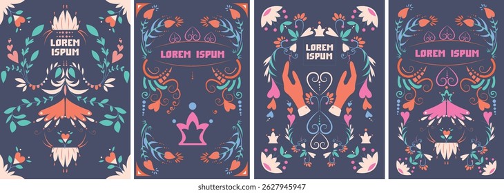 This collection features vibrant floral and decorative illustrations against a rich purple backdrop. Each design showcases unique patterns and intricate details, perfect for various creative uses.