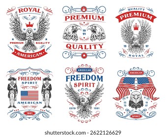 This collection features vintage-style graphic designs showcasing eagles patriotic themes and historical references. The interesting designs reflect American spirit and heritage.