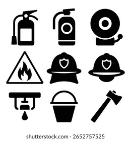 Esta coleção de ícones de equipamentos de segurança contra incêndio inclui um extintor de incêndio, capacete, alarme e outras ferramentas essenciais para prevenção de riscos e resposta a emergências.