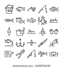 This is a collection of fishing equipment and related items in a simple, clean line art style on a white background.