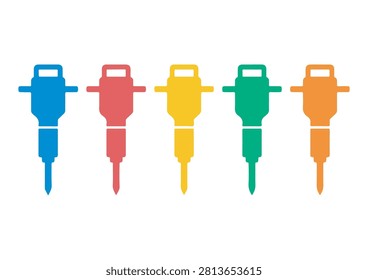 This collection of five construction jackhammer icons features a clean, flat-design style, with each tool rendered in a distinct, vibrant color: blue, red, yellow, green, and orange. These recognizable vector graphics are perfect for enhancing industrial branding, engineering websites, construction site signage, maintenance and repair service applications, or any project that requires clear and effective iconography related to heavy-duty machinery and construction work.

#JackhammerIcons #ConstructionTools #IndustrialDesign #HeavyEquipment #EngineeringGraphics #VectorIcons #SiteMaintenance #BuildingMachinery #FlatDesign #ProfessionalTools