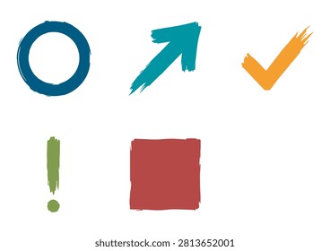 This collection of five hand-drawn abstract icons features a variety of textured, painterly symbols, including a circle, a directional arrow, a checkmark, an exclamation point, and a solid square. Rendered in a bold and diverse color palette, these versatile vector graphics offer an authentic, artisanal, and expressive aesthetic. They are perfect for adding a creative and modern touch to branding, user interface elements, social media graphics, digital illustrations, or any project that requires unique, handcrafted visual details.

#HandDrawnIcons #AbstractGraphics #CreativeDesignElements #ArtisticTextures #VectorIllustration #IconSet #ModernArt #DesignBundle #GraphicDesignAssets #PainterlyStyle