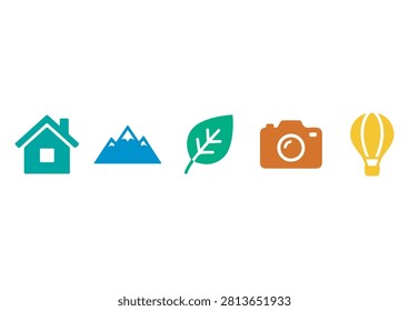 This collection of five minimalist icons features recognizable symbols representing a house, a mountain, a leaf, a camera, and a hot air balloon, all rendered in a flat-design style with a vibrant color palette. These versatile vector graphics are perfect for enhancing branding, website UI design, travel or lifestyle applications, creative presentations, or any digital project that requires simple, elegant, and effective iconography.

#MinimalistIcons #LifestyleIcons #DesignElements #VectorGraphics #CreativeBranding #HouseIcon #MountainGraphic #LeafSymbol #PhotographyIcon #HotAirBalloon