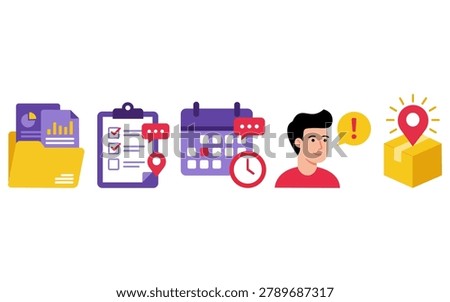 This collection of flat colorful icons represents business data management, checklist planning, calendar scheduling, customer communication, and delivery logistics on a clean white background.