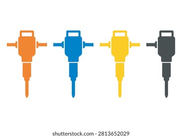 This collection of four construction jackhammer icons features a clean, flat-design style, with each tool rendered in a distinct, bold color: orange, blue, yellow, and black. These recognizable vector graphics are perfect for enhancing industrial branding, engineering websites, construction site signage, maintenance and repair service applications, or any project that requires clear and effective iconography related to heavy-duty machinery and construction work.

#JackhammerIcons #ConstructionTools #IndustrialDesign #HeavyEquipment #EngineeringGraphics #VectorIcons #SiteMaintenance #BuildingMachinery #FlatDesign #ProfessionalTools