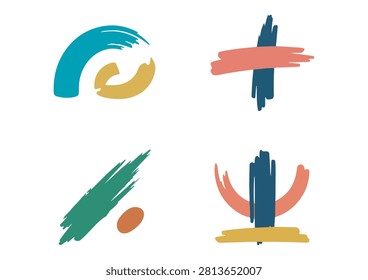 This collection of four hand-drawn abstract logos or design elements features a variety of textured, painterly brush strokes and geometric-organic shapes. The set includes a curved teal and gold arch, a red and blue cross, a diagonal green stroke with a red dot, and a symmetric blue vertical mark flanked by two coral curves and a gold base. Rendered in a vibrant, earthy, boho-inspired color palette, these versatile vector graphics are perfect for adding an expressive, artisanal, and modern touch to branding, websites, social media graphics, digital art, or any project that requires unique, handcrafted visual elements.

#BrushStrokeLogos #HandDrawnDesign #AbstractGraphics #CreativeBranding #ArtisticTextures #VectorIllustration #BohoDesign #ModernArt #DesignBundle #PainterlyStyle
