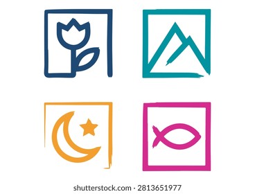 This collection of four hand-drawn icons features unique symbols—a flower, a mountain range, a moon with a star, and a fish—each framed within a textured, painterly square. With a vibrant color palette and an expressive, artisanal aesthetic, these versatile vector graphics are perfect for enhancing branding, social media content, educational materials, or any design project that requires a creative, modern, and soulful touch.

#HandDrawnIcons #SquareIcons #CreativeDesign #ArtisticSymbols #VectorGraphics #NatureIcons #CelestialDesign #FishSymbol #DesignElements #ModernArt