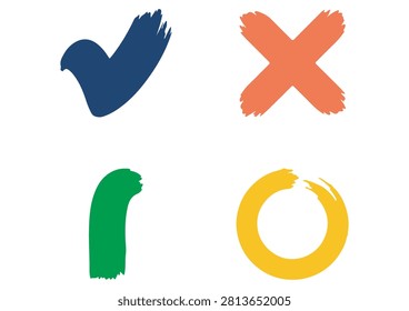 This collection of four hand-drawn icons features textured, painterly brush stroke symbols, including a checkmark, an 'X' cross, a vertical line, and a circular mark. Rendered in a lively color palette of deep blue, bright orange, vivid green, and sunny yellow, these versatile vector graphics offer an authentic, artisanal, and expressive aesthetic. They are perfect for adding a creative and modern touch to branding, user interface elements, social media graphics, digital illustrations, or any project that requires unique, handcrafted visual details.

#BrushStrokeIcons #HandDrawnDesign #AbstractGraphics #CreativeDesignElements #ArtisticTextures #VectorIllustration #VibrantColors #CheckmarkIcon #CrossSymbol #DesignBundle
