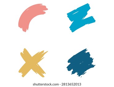 This collection of four hand-drawn icons features a variety of expressive, textured brush strokes, including a curved pink arch, a zigzag teal stroke, a yellow cross, and a navy textured block. With a bold and vibrant color palette, these versatile vector graphics offer an authentic, artisanal, and modern aesthetic. They are perfect for adding a creative and textured touch to branding, user interface elements, social media graphics, digital illustrations, or any project that requires unique, handcrafted visual details.

#BrushStrokeIcons #HandDrawnDesign #AbstractGraphics #CreativeDesignElements #ArtisticTextures #VectorIllustration #VibrantColors #PainterlyStyle #ModernDesign #GraphicDesignAssets