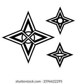 This collection of geometric star symbols with interconnected line designs showcases modern, abstract, and symmetrical patterns, perfect for logos, tattoos, sacred geometry,