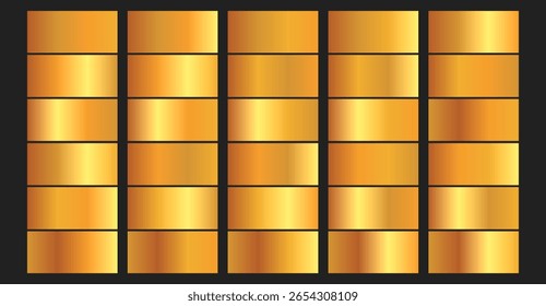 This is a collection of gleaming golden gradient swatches with a smooth transition of hues, arranged in neat rectangular blocks against a dark backdrop that highlights the shine and color depth