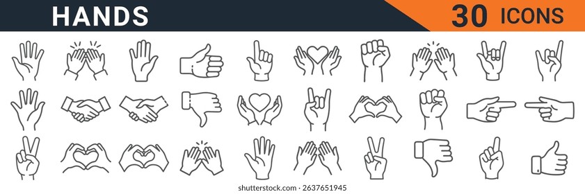 this is a collection of hand gesture icons. the set includes various hand positions and signs, perfect for illustrating communication, expression, and different hand signals. vector graphics