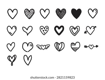 This collection of hand-drawn heart doodle vector illustrations features a wide variety of styles, including solid black hearts, striped patterns, grid textures, winged hearts, hearts pierced with arrows, and simple outlines. Rendered in a charming sketchy style, these versatile designs are perfect for Valentine's Day projects, romantic greeting cards, sticker sheets, apparel prints, and crafting.

#HeartDoodles #HandDrawnHearts #ValentineVectors #LoveIcons #DoodleArt #StickerDesign #RomanticGraphics #SVGFiles #CricutCrafts #HeartSymbols