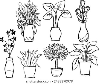 This collection of hand-drawn line art illustrations features a variety of flower vases with different floral arrangements.