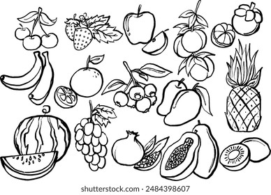 This collection of hand-drawn style illustrations features various fruits depicted in black and white line art