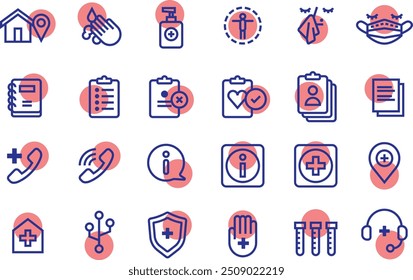 This collection of icons features simple graphic shapes to represent different objects and concepts relevant to healthcare and administration.