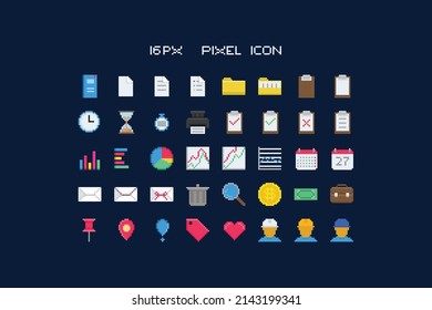 Dies ist eine Sammlung von Symbolen mit Pixelstil, sie enthält Symbole für Dokumentzwecke im Büro