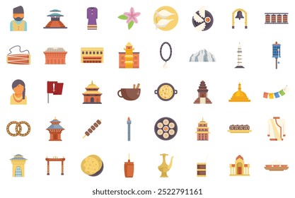 This collection of icons presents traditional symbols and objects related to nepal, showcasing its rich culture and inviting exploration