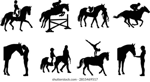This collection of illustrations in image_ed8945.png features diverse scenes including show jumping, horse racing, vaulting, and general equine care. These professional vector silhouettes are ideal for equestrian sports branding, animal training graphics, and horse-themed lifestyle design projects.